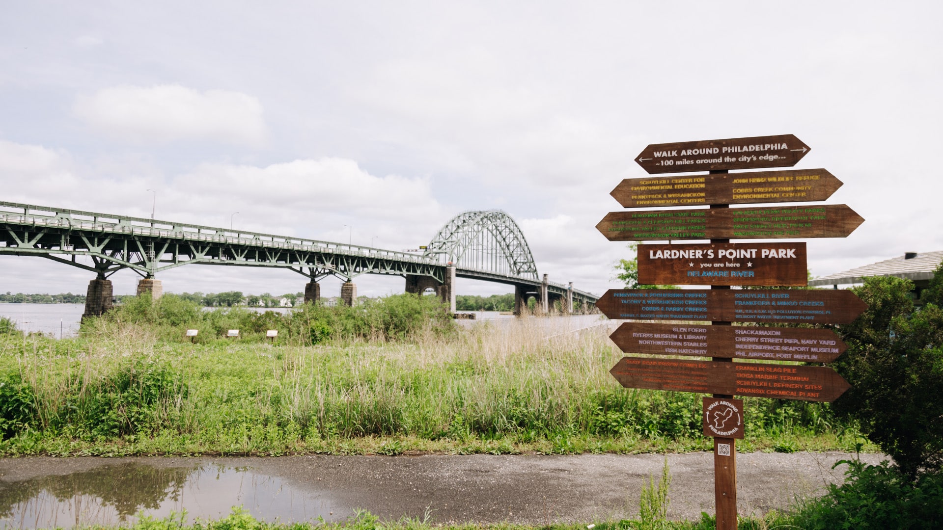 Sign in Lardner's Point Park pointing to different trails in Philadelphia