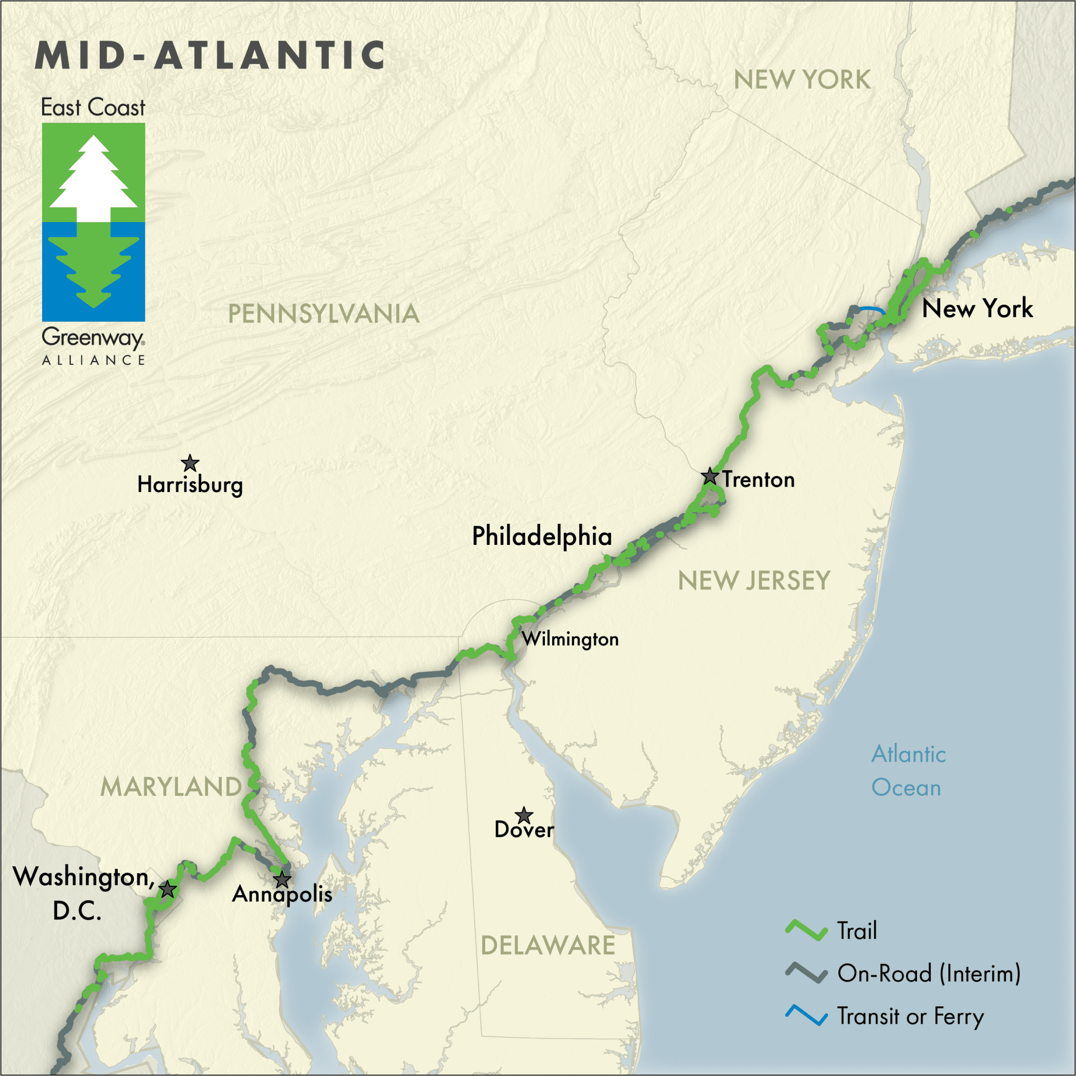 Greenway map of the Mid-Atlantic