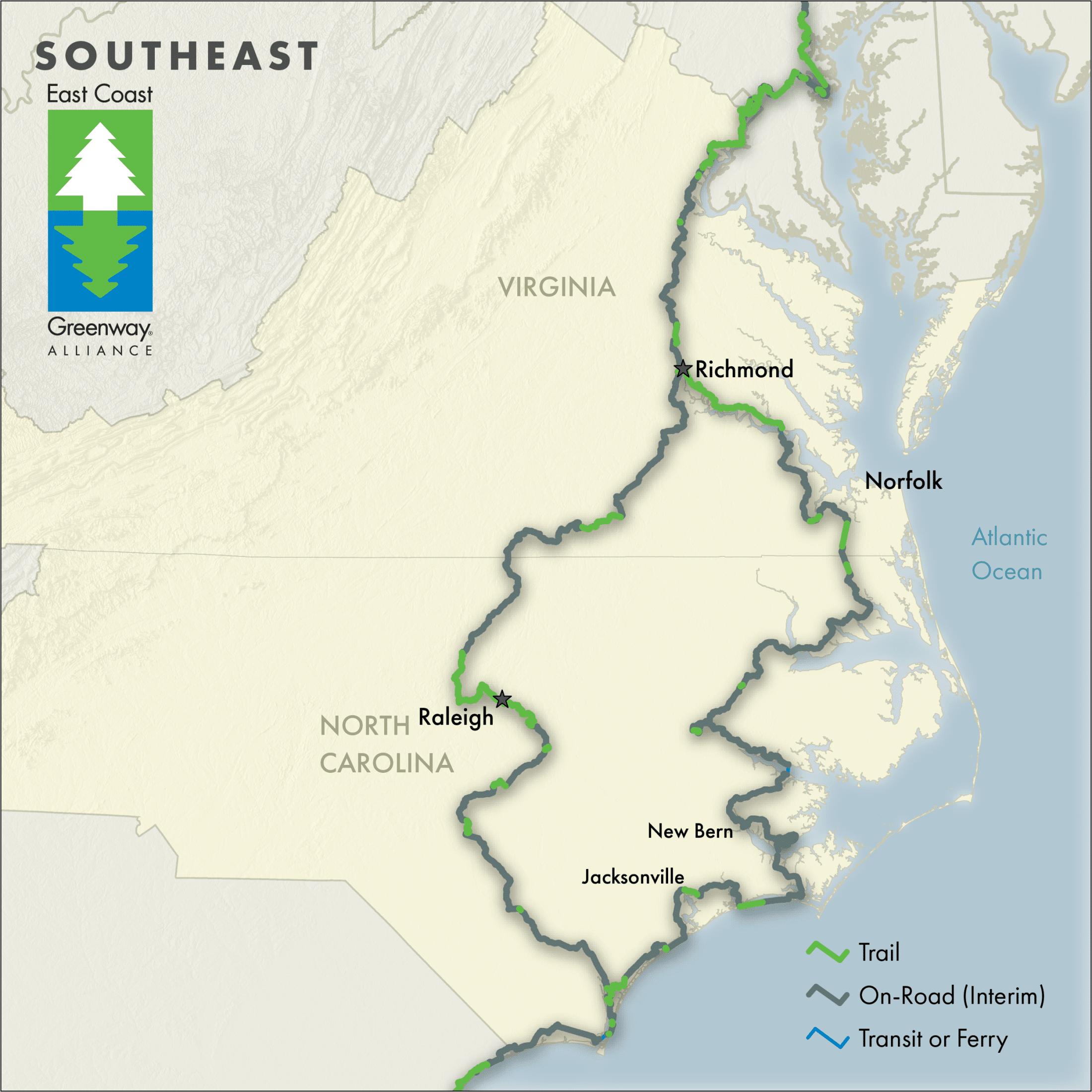 Greenway map of Virginia and North Carolina