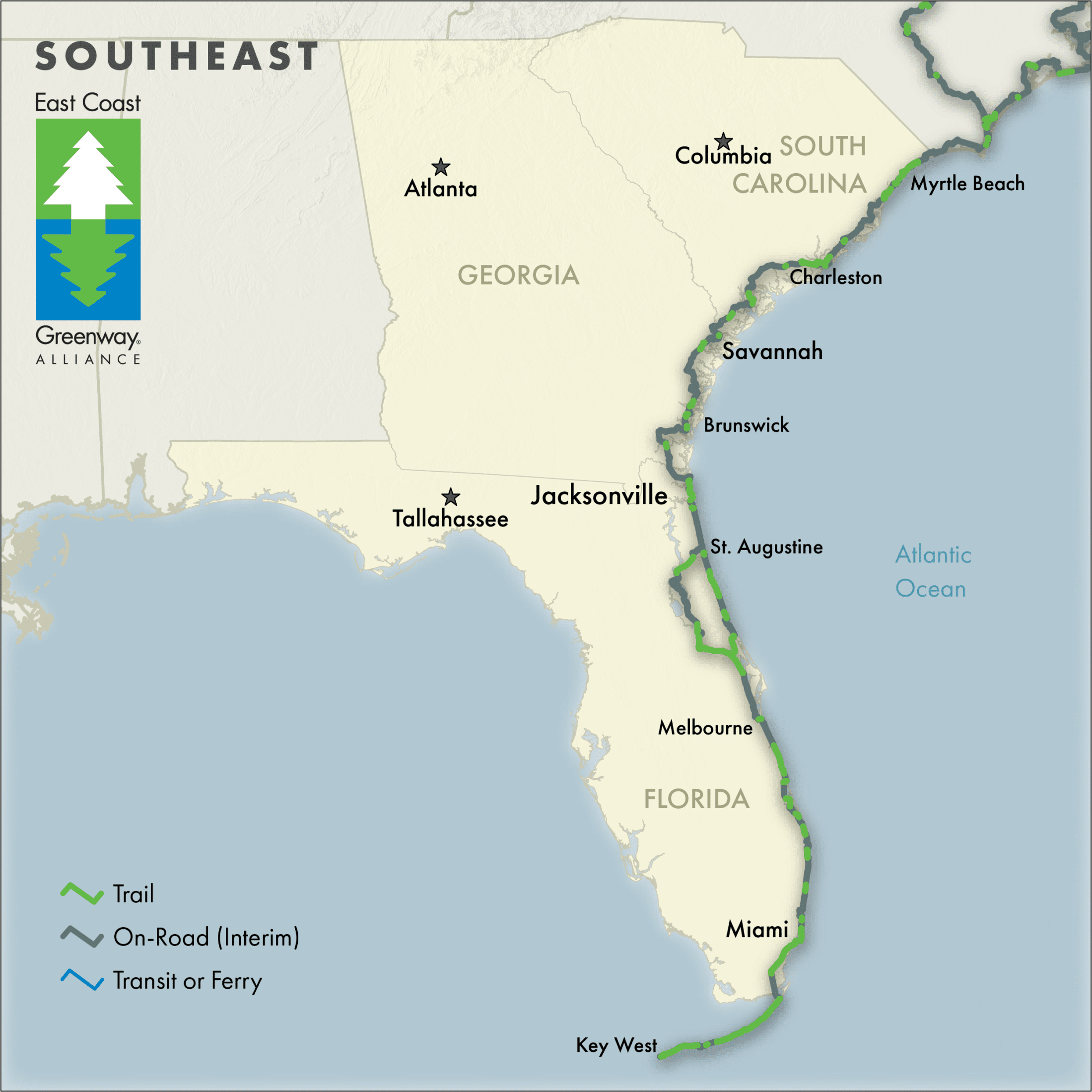 Greenway map of South Carolina, Georgia, Florida