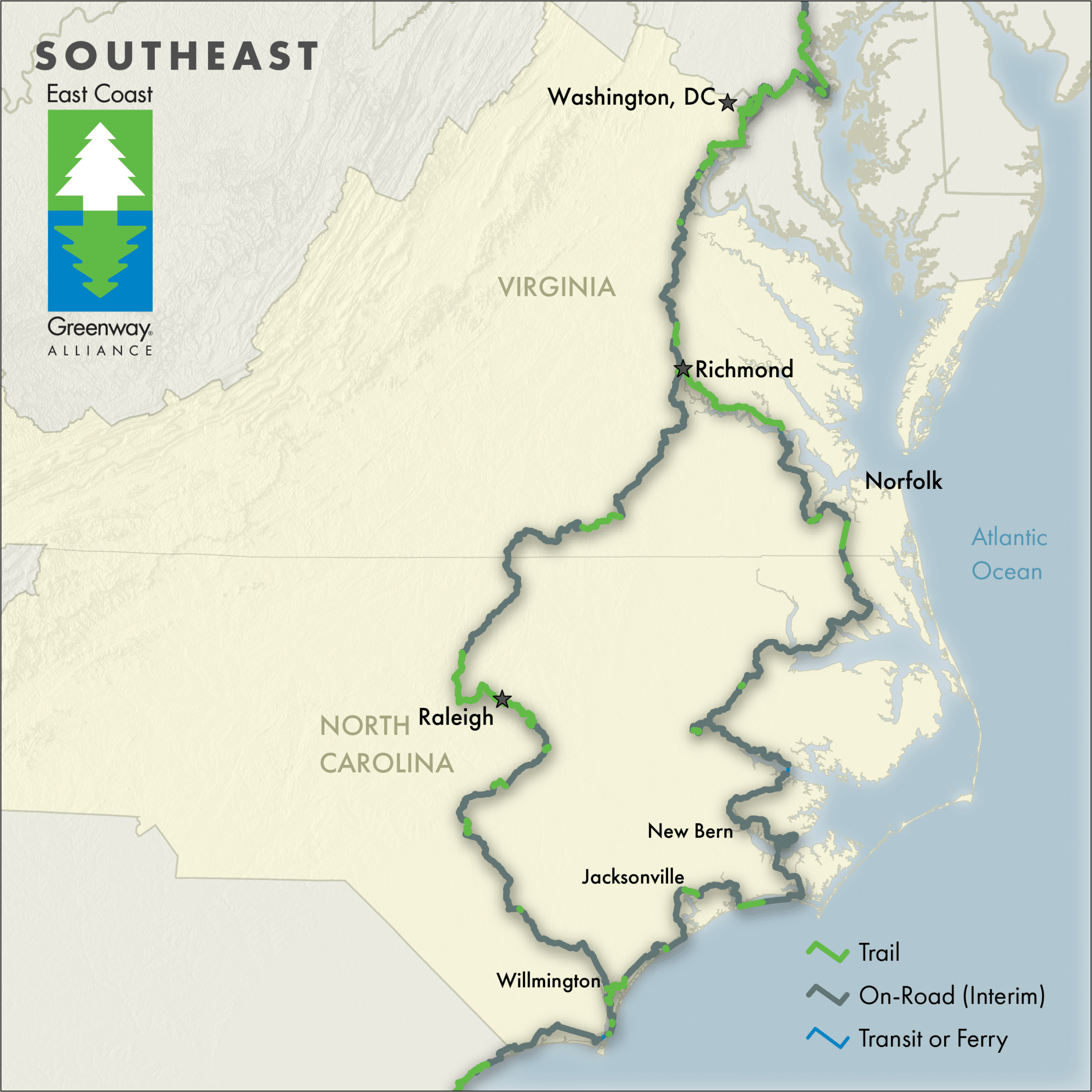 Southeast Greenway Map with NC and VA