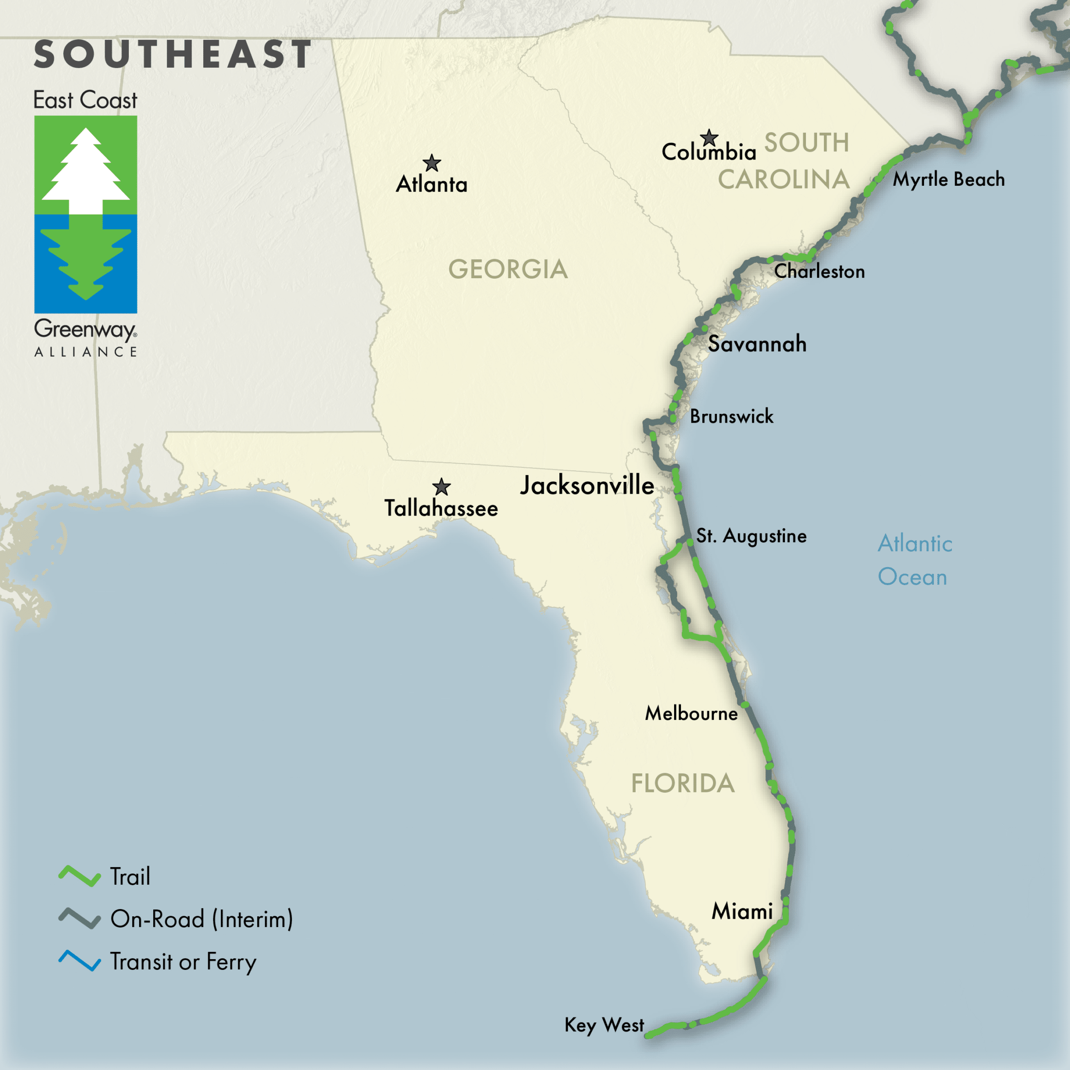 Southeast Greenway Map with SC, GA and FL