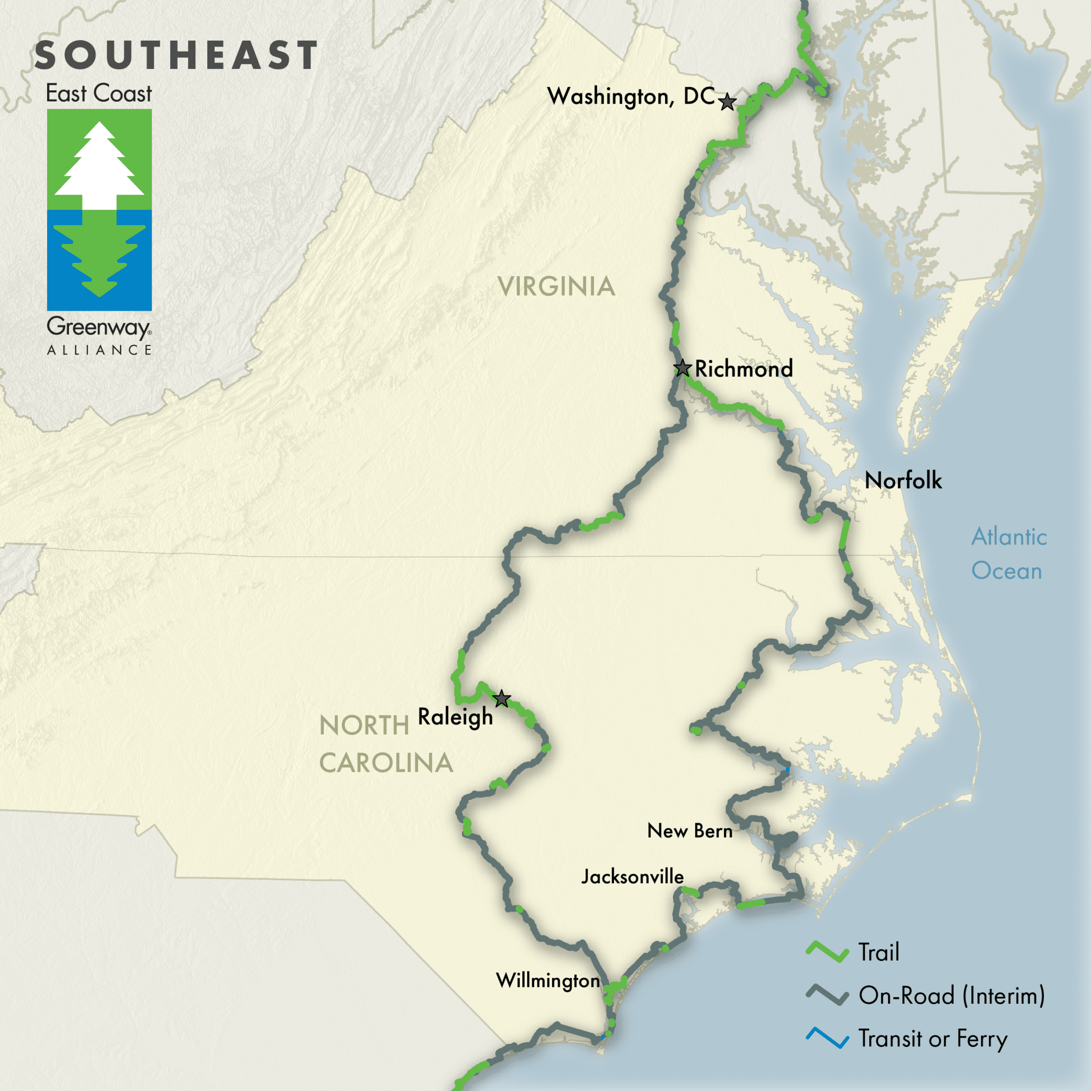 Southeast Greenway Map with NC and VA